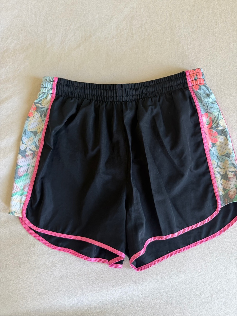PINK Victoria's Secret Black Athletic Shorts with Pink Trim and Floral Panels